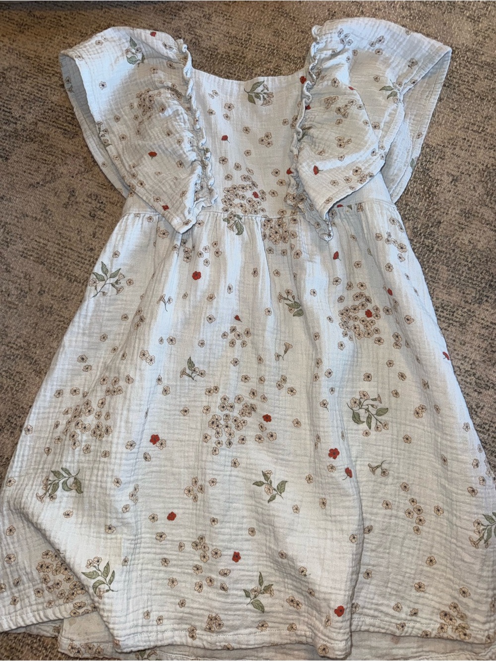 Girls‎ Cream Floral Cotton Dress with Green Leaf Accents